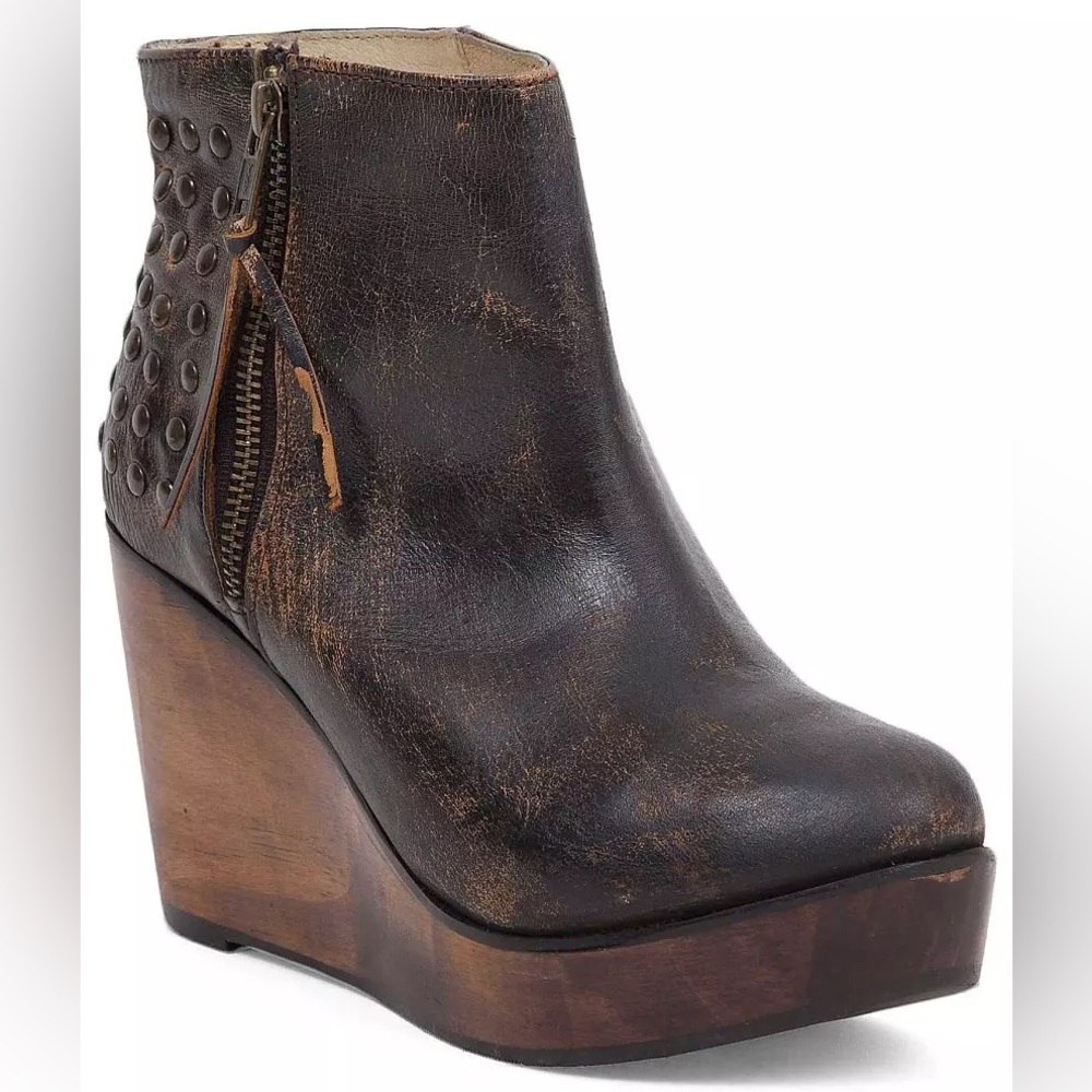 Bed Stu Ghent Boot Distressed Leather Studded Wedges Size 6 Zip Up Womens Shoe